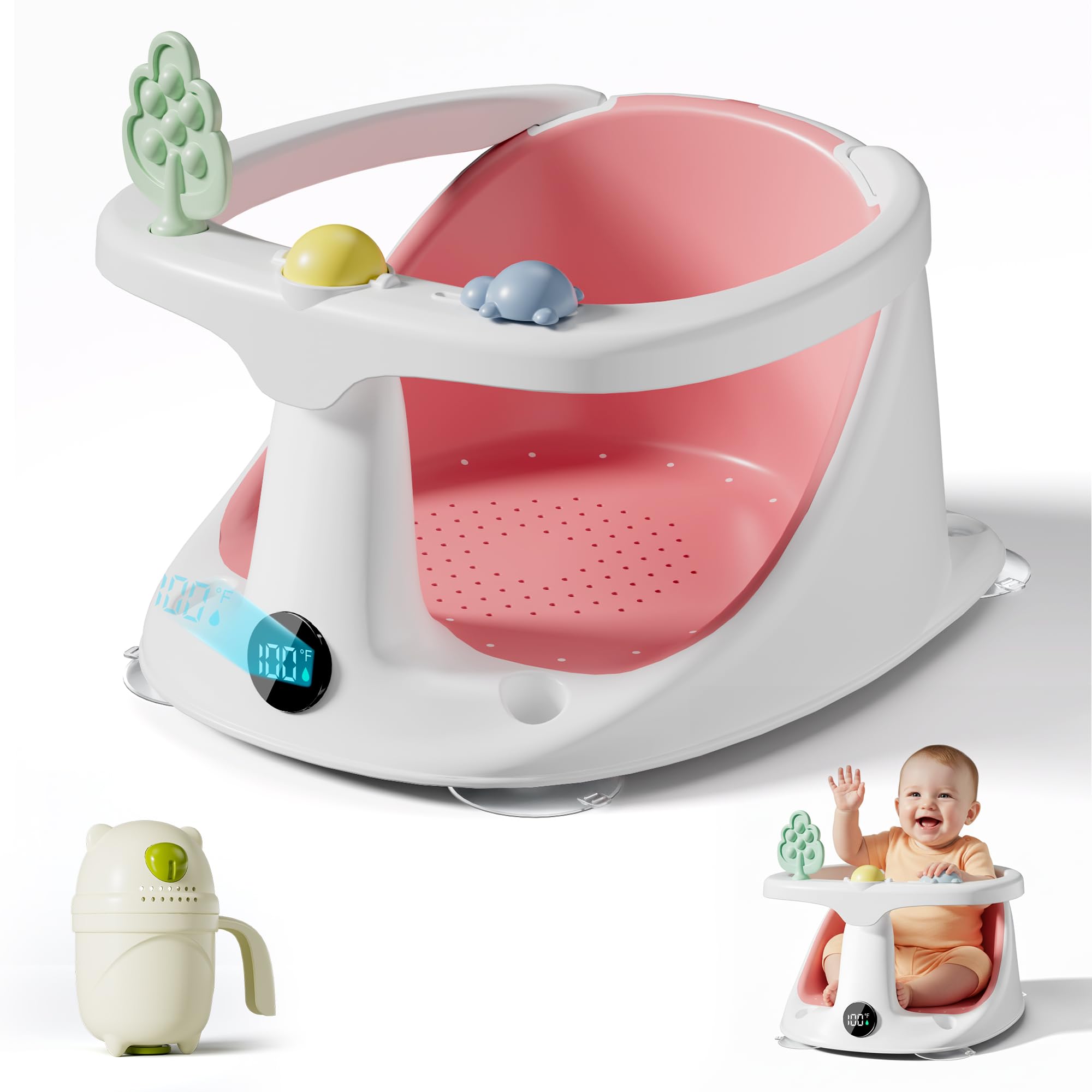 DZMDIP baby bath seat pink front view with secure back support for babies