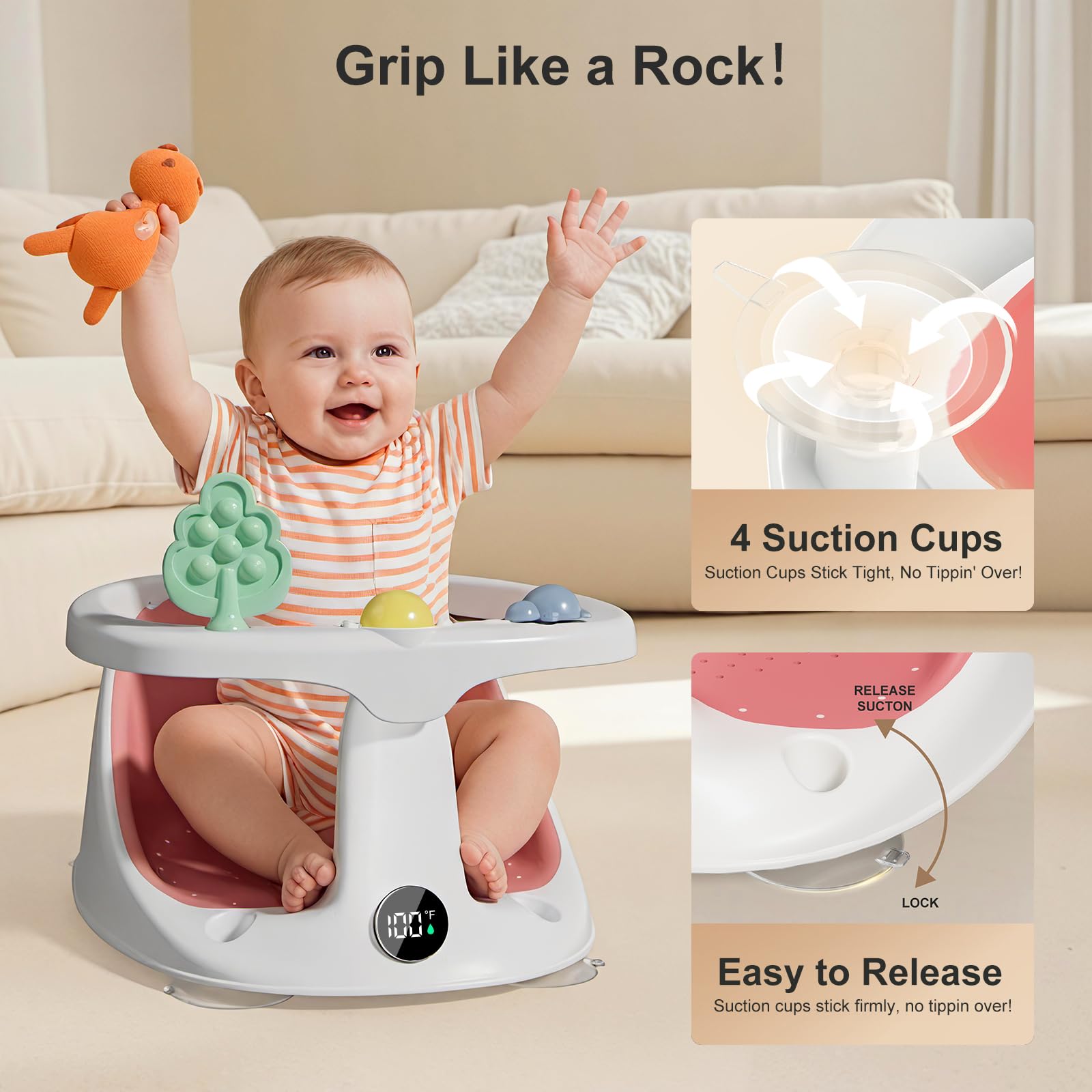 DZMDIP baby bath seat pink non-slip suction cups for stable bathing