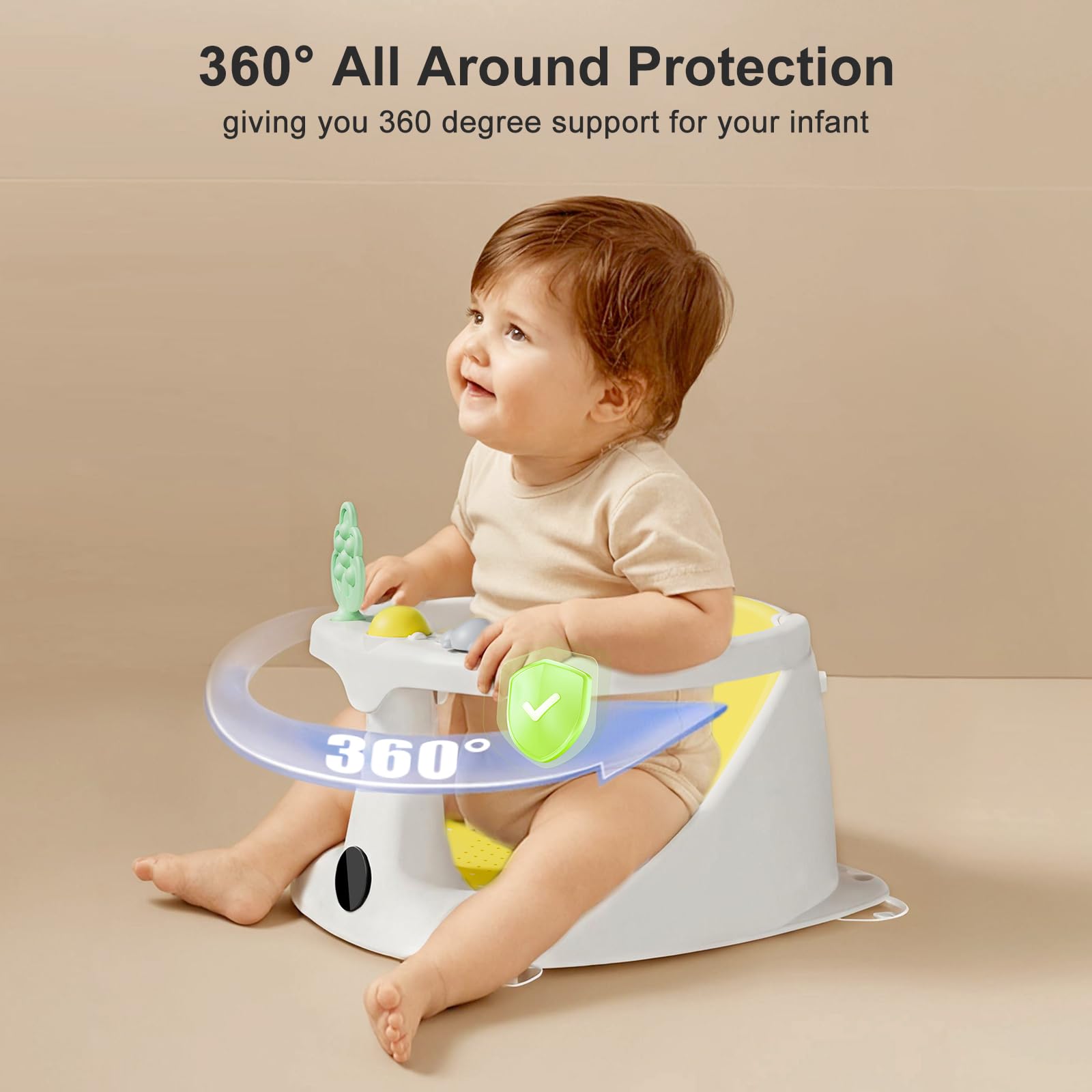DZMDIP Baby Bath Seat with rinse cup enables easy soap and water rinsing.