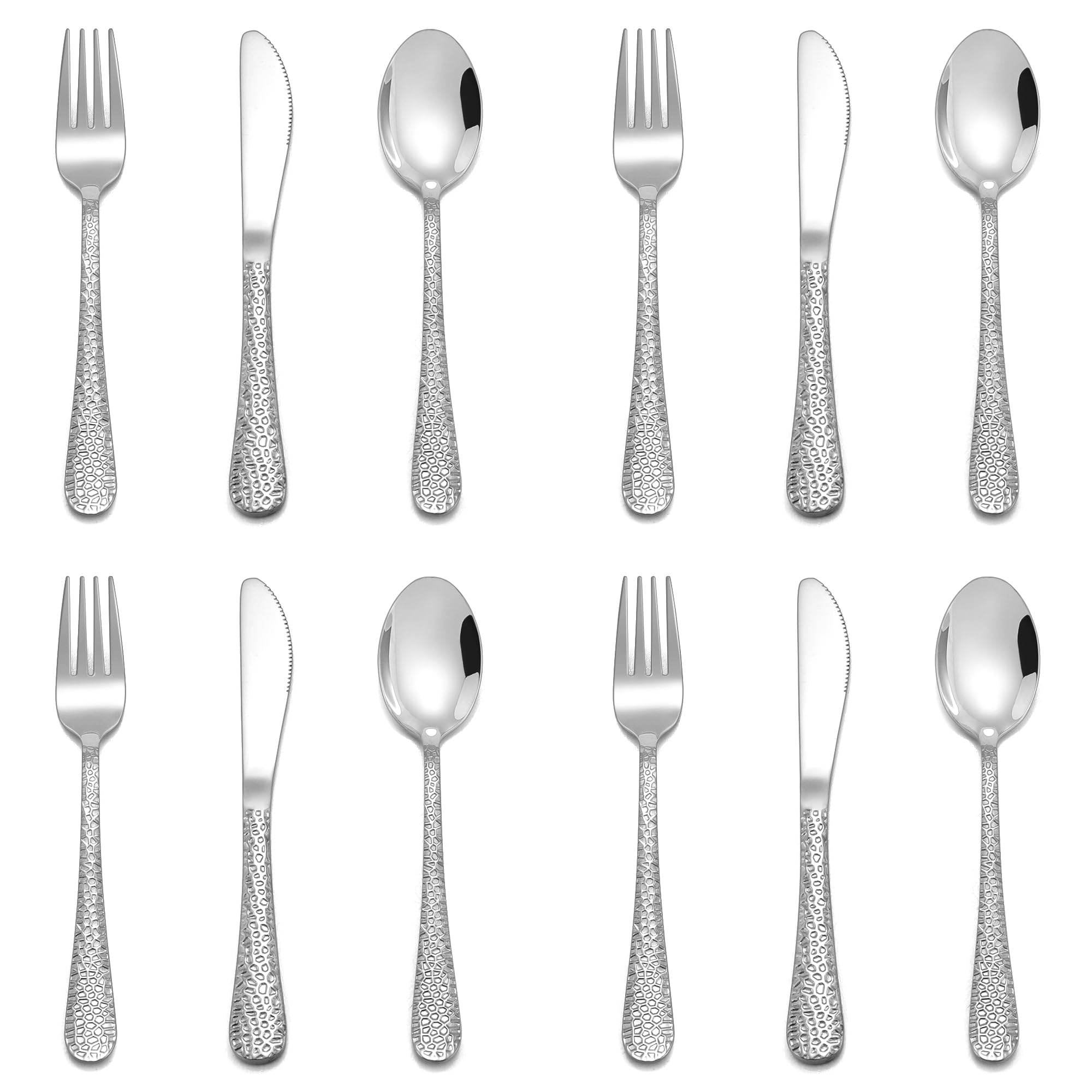 E-far 12-piece kids silverware pack shot showing durable stainless steel set for self-feeding.