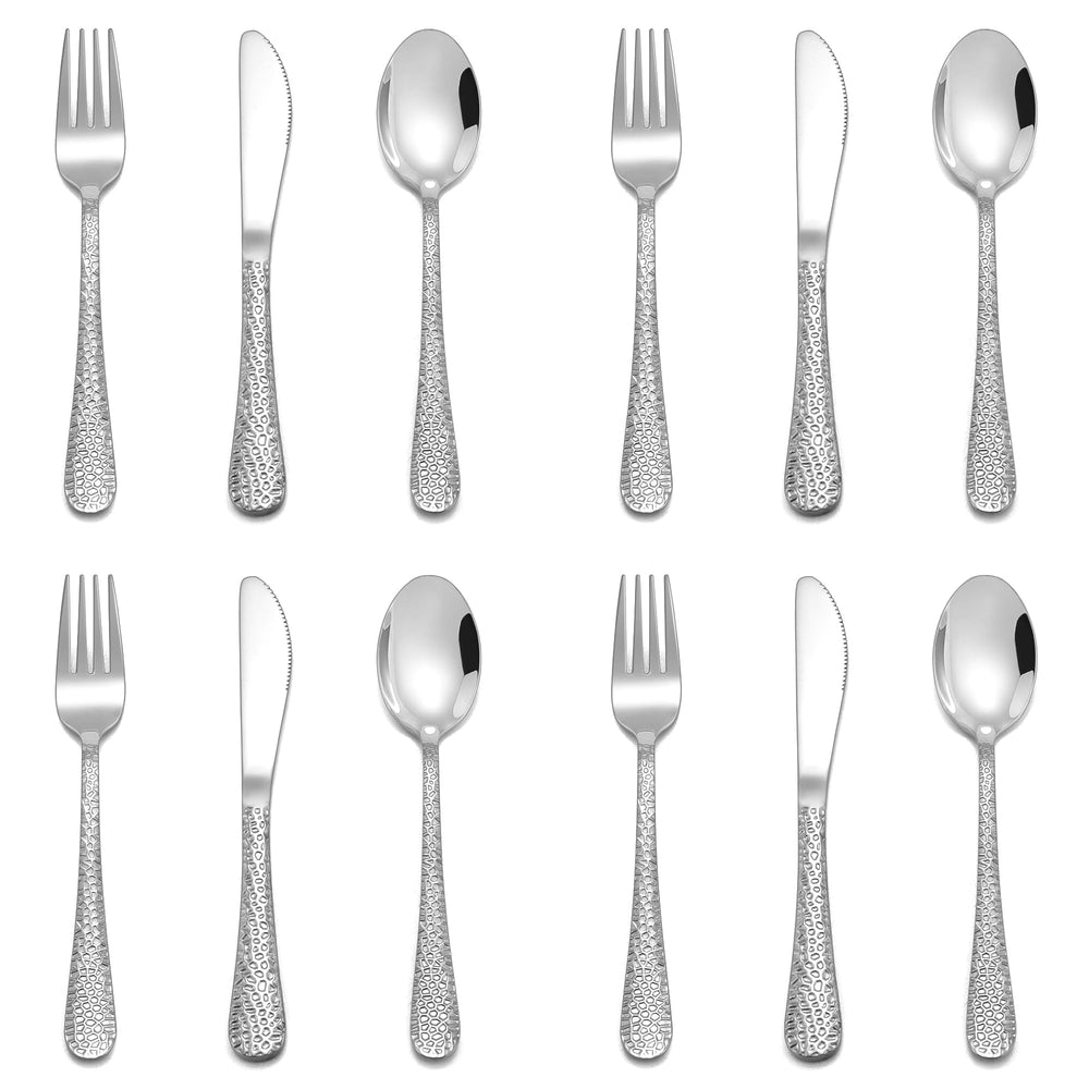 E-far 12-piece kids silverware pack shot showing durable stainless steel set for self-feeding.