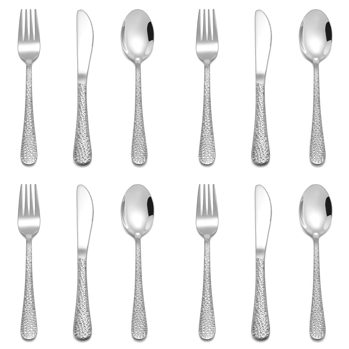 E-far 12-piece kids silverware pack shot showing durable stainless steel set for self-feeding.