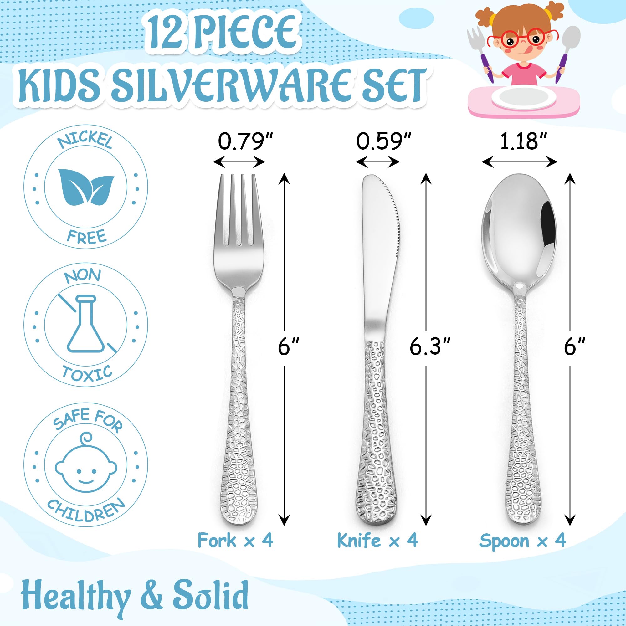 E-far hammered-handle kids fork closeup highlighting adult-style design for confident self-feeding.