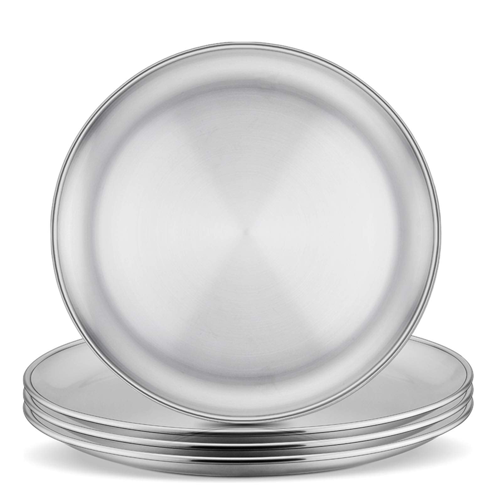 E-far 8-inch stainless steel plates 4-pack, neatly stacked for easy storage and family meals.