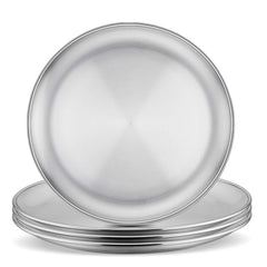 E-far 8-inch stainless steel plates 4-pack, neatly stacked for easy storage and family meals.