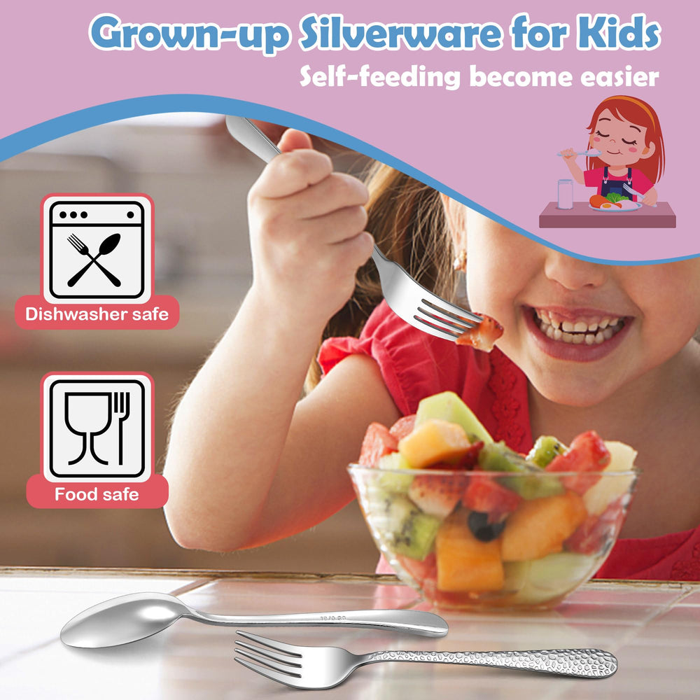The e-far toddler utensils mirror-finish closeup emphasizes rust-resistant, easy-to-clean surface.