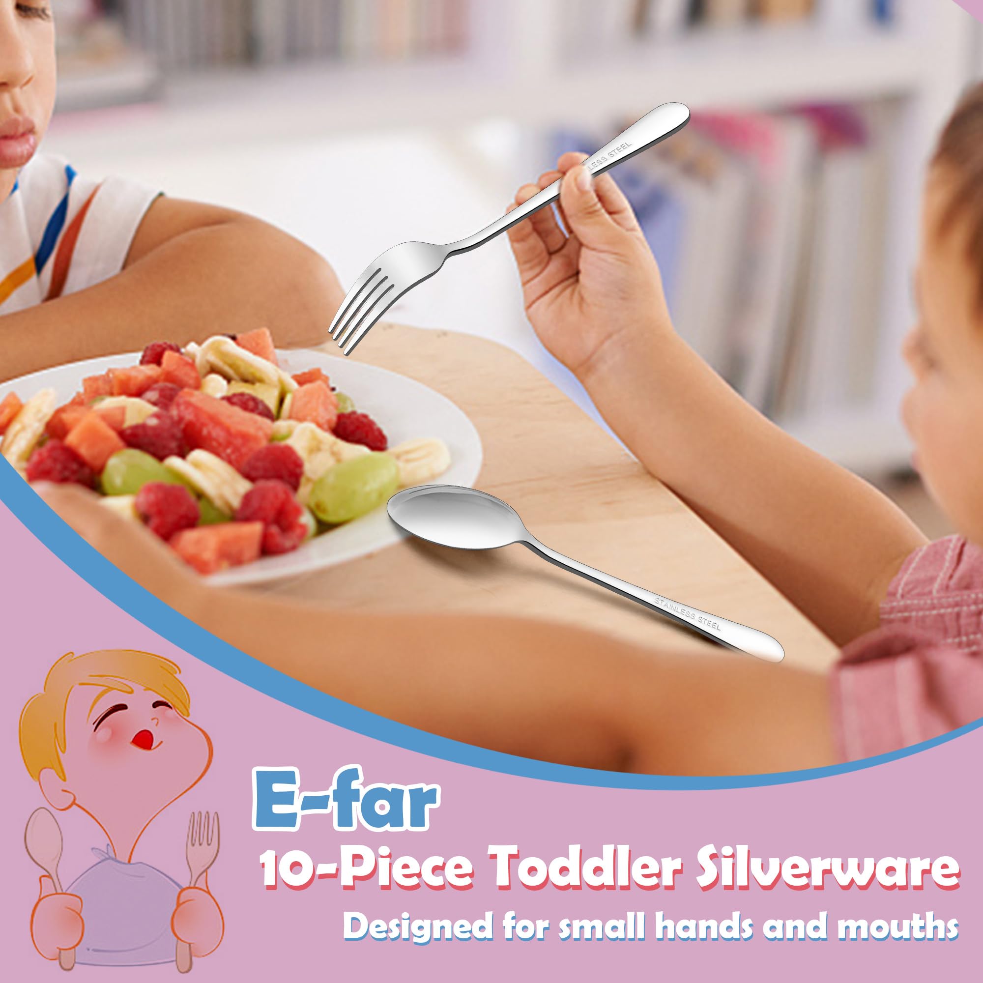 The e-far toddler utensils spoons closeup highlights properly sized spoons for small mouths.