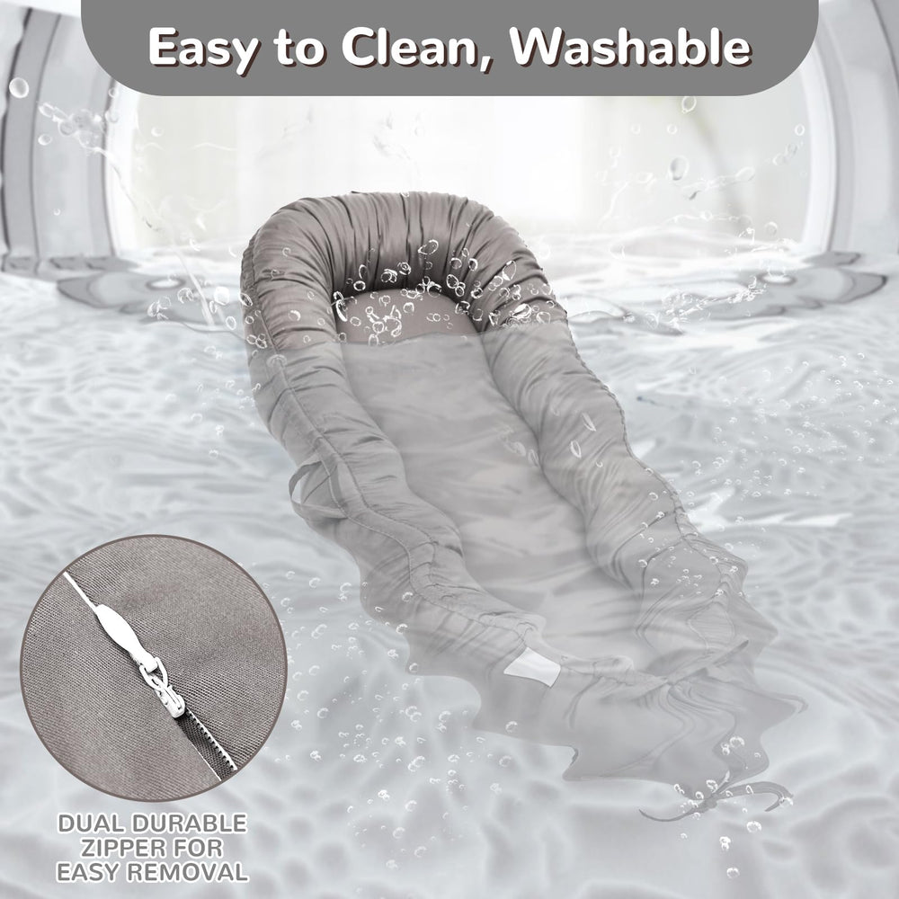 EAQ baby lounger machine-washable cover simplifies cleanup between feedings and messes