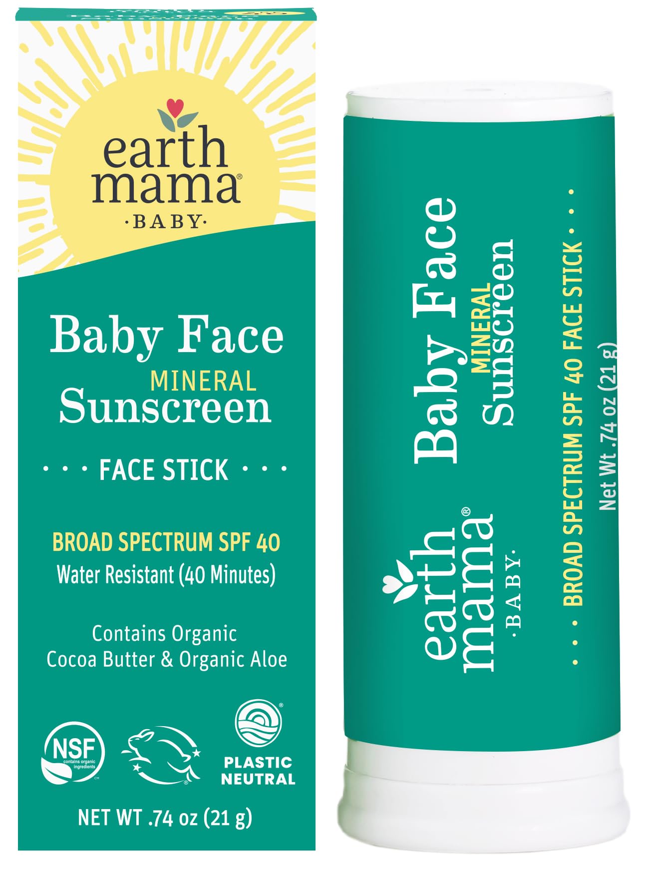 Earth Mama Baby Face Mineral Sunscreen Stick applied to a playful child's face for UVA/UVB protection.