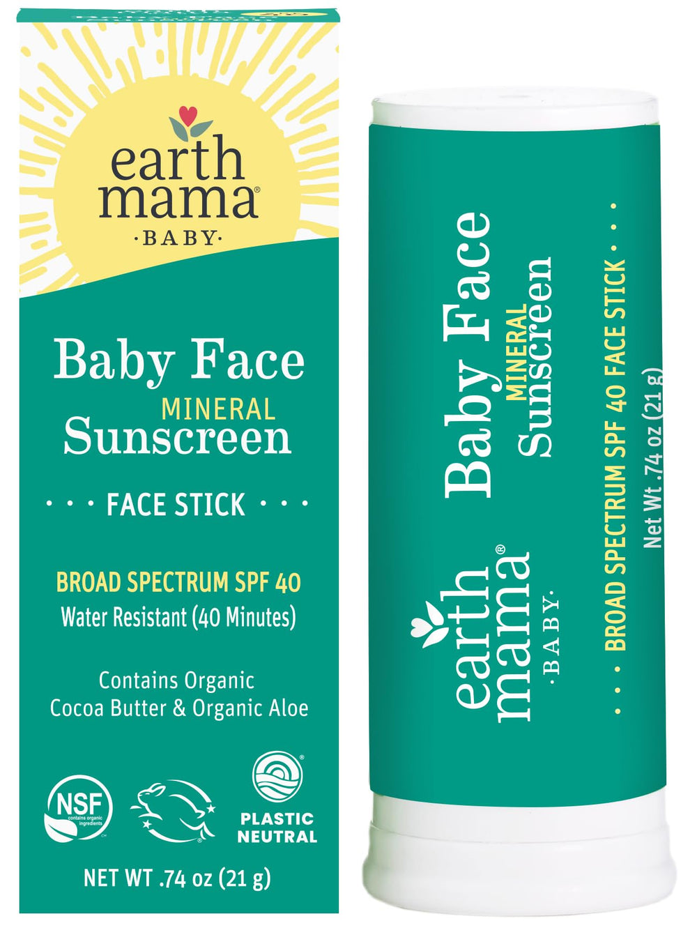 Earth Mama Baby Face Mineral Sunscreen Stick applied to a playful child's face for UVA/UVB protection.