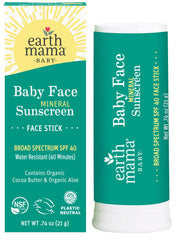 Earth Mama Baby Face Mineral Sunscreen Stick applied to a playful child's face for UVA/UVB protection.