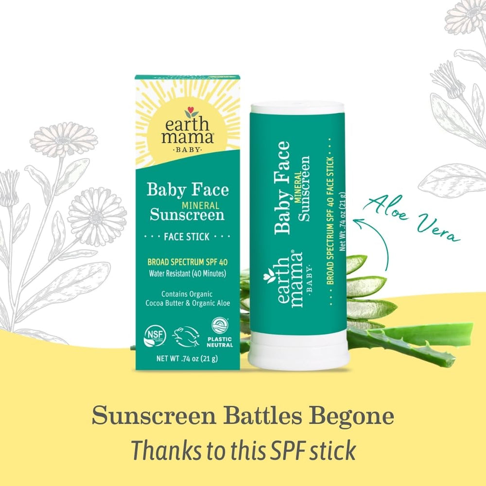 Compact 0.74-ounce Earth Mama sunscreen stick for travel and on-the-go use.