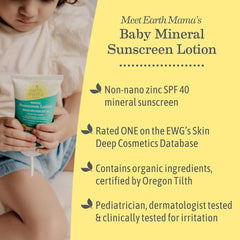 Earth Mama Baby Mineral Sunscreen Lotion spread on arm demonstrates broad-spectrum protection and smooth application.