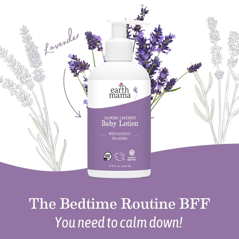 Earth Mama Calming Lavender Baby Lotion aloe shows gentle hydration for sensitive skin.