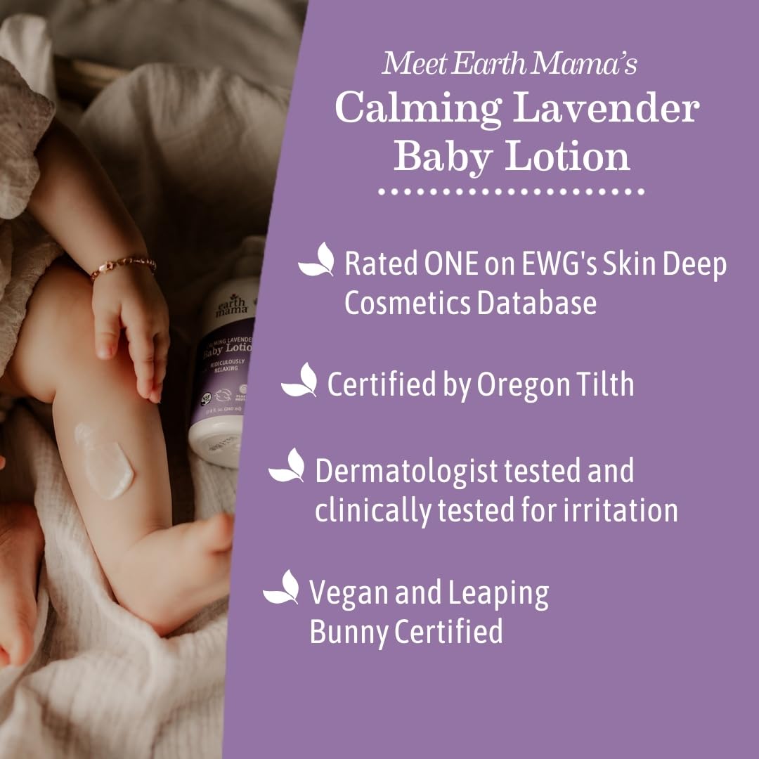 Earth Mama Calming Lavender Baby Lotion applied to a baby cheek provides gentle hydration.