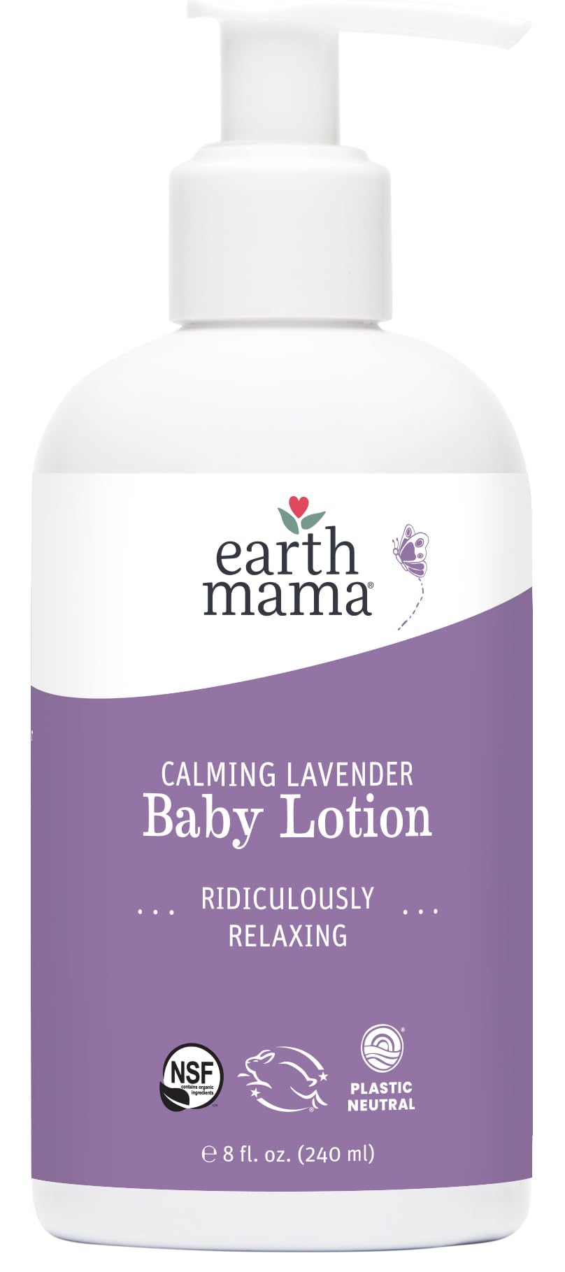 Earth Mama Calming Lavender Baby Lotion bottle close-up highlights soothing moisture for dry skin.