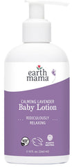 Earth Mama Calming Lavender Baby Lotion bottle close-up highlights soothing moisture for dry skin.