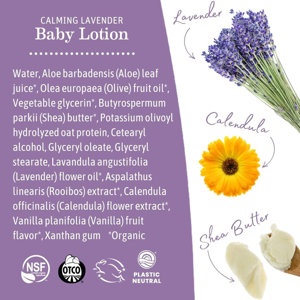 Earth Mama Calming Lavender Baby Lotion calendula flowers highlight botanical skin-soothing ingredients.