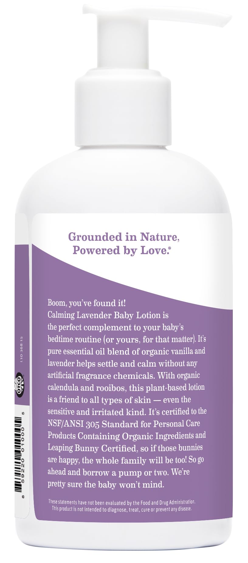 Earth Mama Calming Lavender Baby Lotion ingredients chart highlights plant-based, non-irritating formula.
