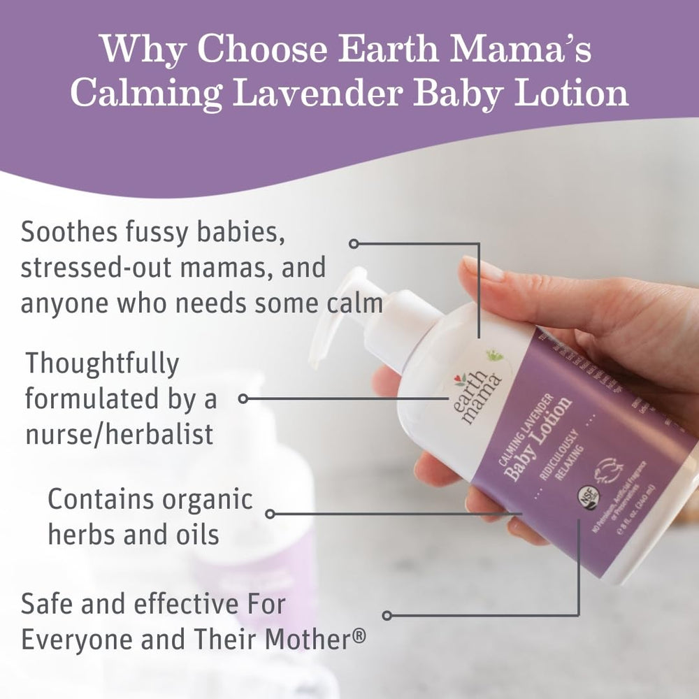 Earth Mama Calming Lavender Baby Lotion packaging showcases organic, safe care for newborns.