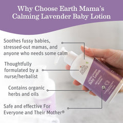 Earth Mama Calming Lavender Baby Lotion packaging showcases organic, safe care for newborns.