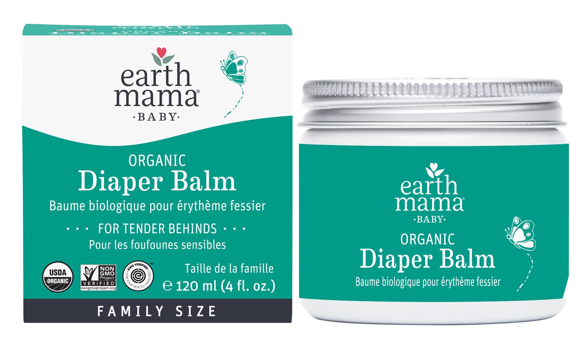 Earth Mama Diaper Balm tube front showing fragrance-free formula for sensitive skin