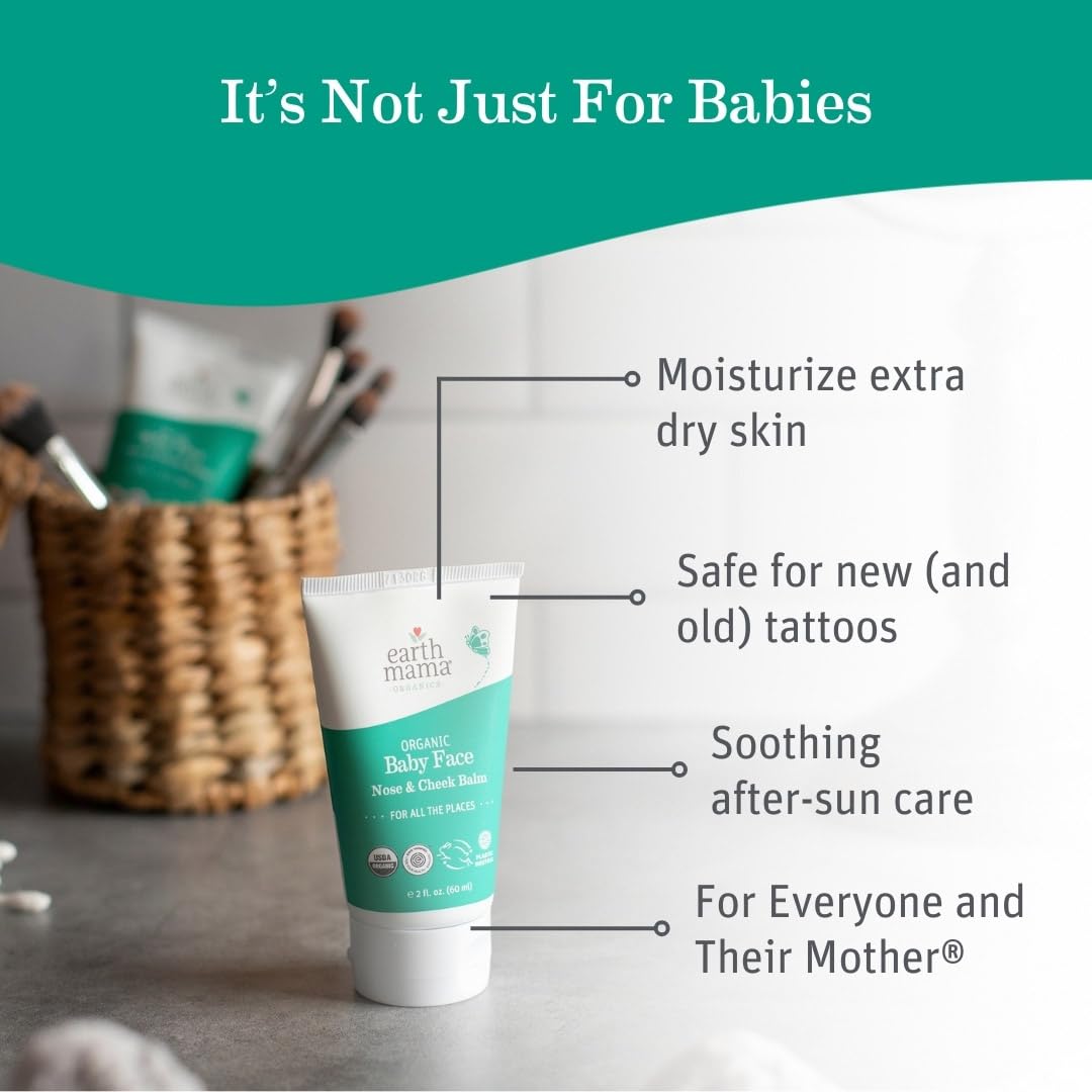 Earth Mama Organic Baby Face Nose & Cheek Balm swirl on skin shows creamy texture for quick hydration.
