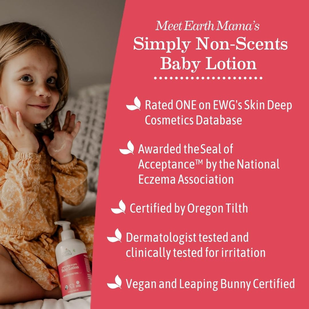Earth Mama Simply Non-Scents Baby Lotion after-bath application keeps skin soft