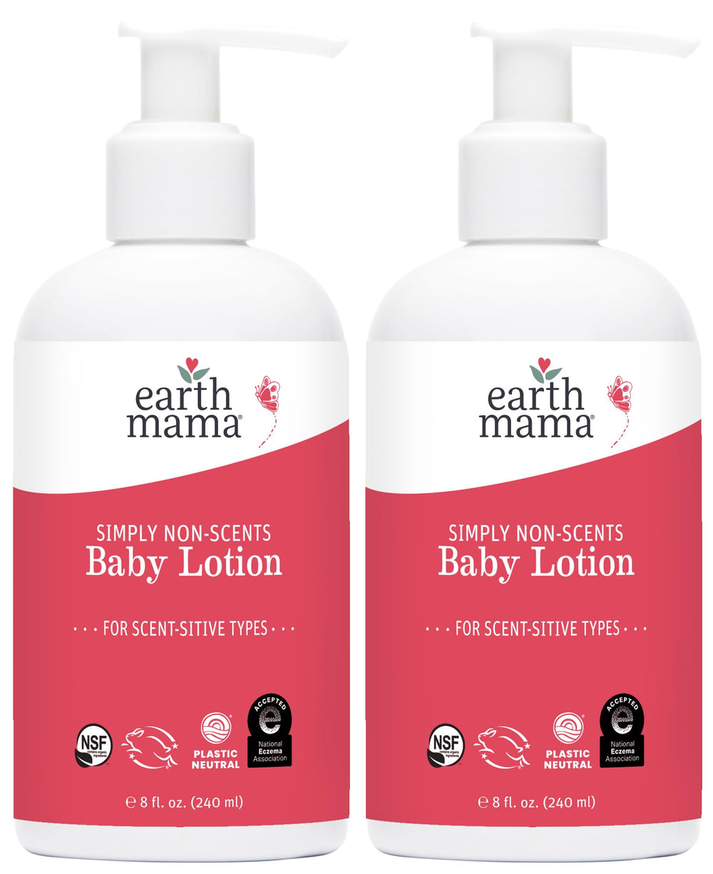 Earth Mama Simply Non-Scents Baby Lotion bottle shows unscented hydration for sensitive skin