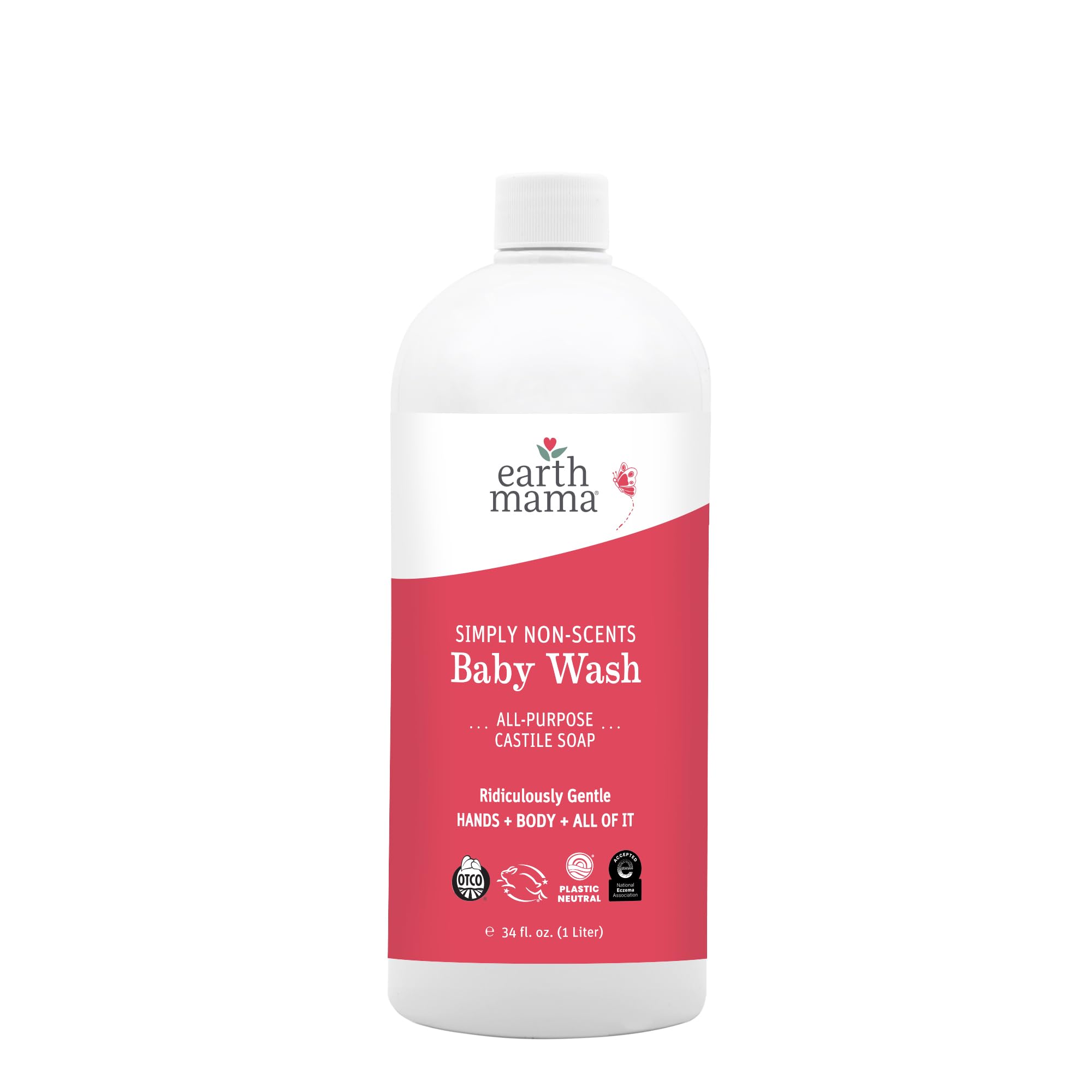 Earth Mama Simply Non-Scents Castile Wash bottle pump demonstrates unscented skin-friendly hand wash