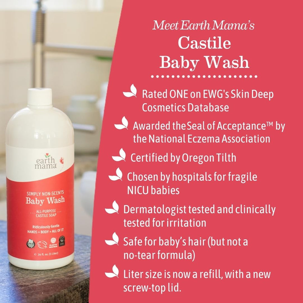 Earth Mama Simply Non-Scents Castile Wash label closeup confirms fragrance-free formulation