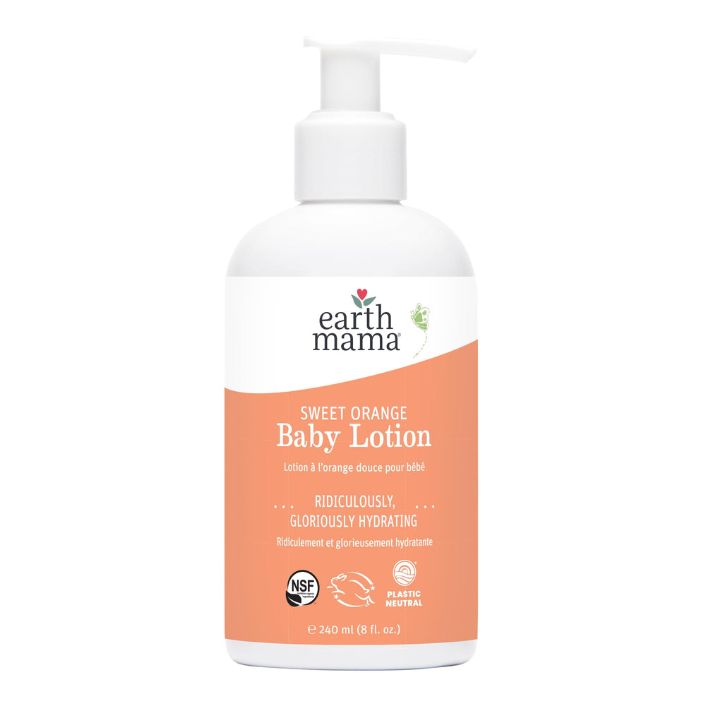 Earth Mama Sweet Orange Baby Lotion bottle pour for easy daily hydration.