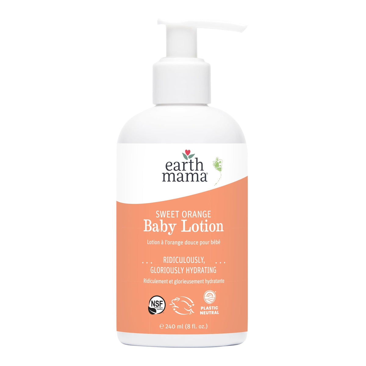 Earth Mama Sweet Orange Baby Lotion bottle pour for easy daily hydration.