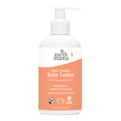 Earth Mama Sweet Orange Baby Lotion bottle pour for easy daily hydration.