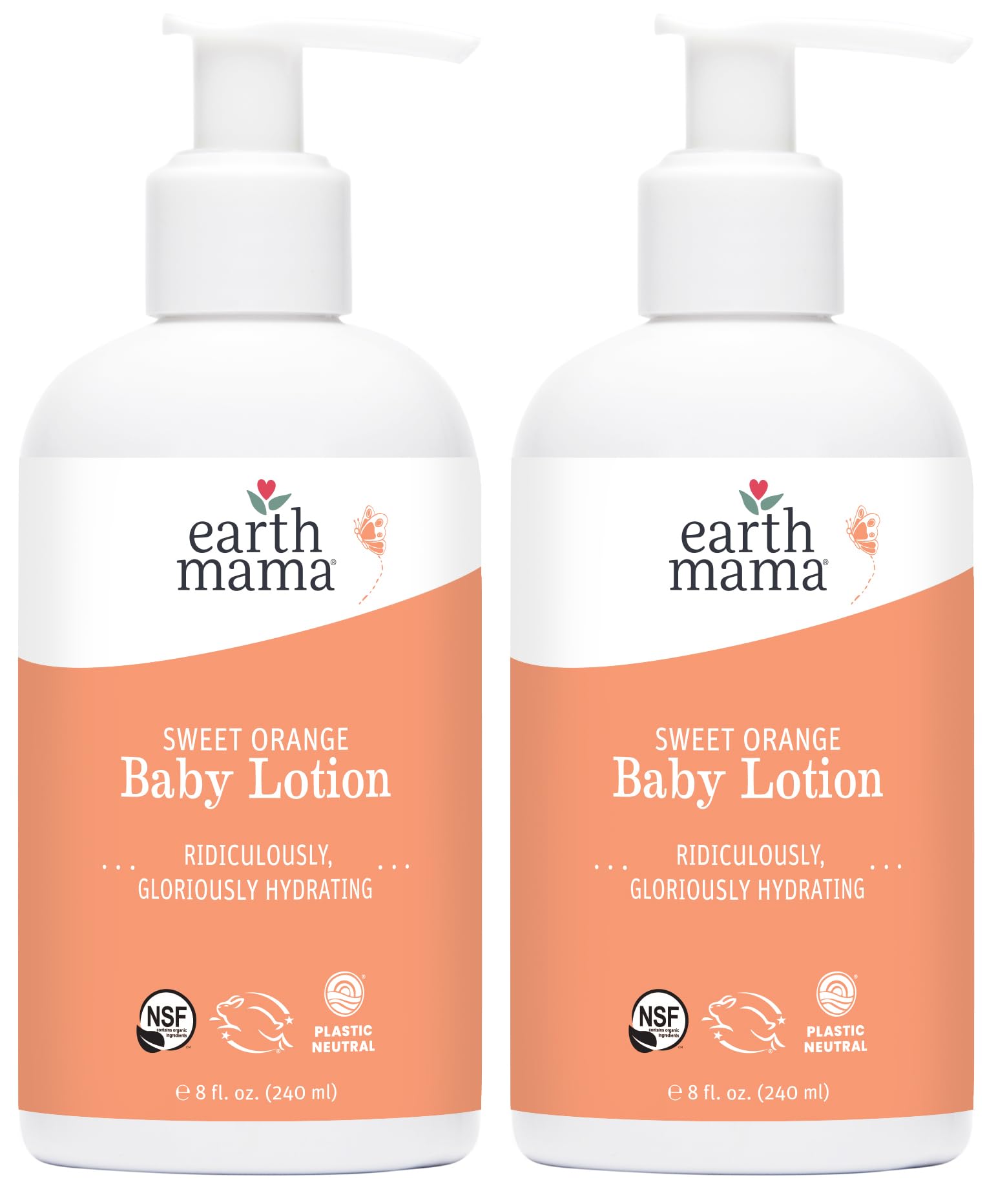 Earth Mama Sweet Orange Baby Lotion bottle on table, gentle daily moisture.