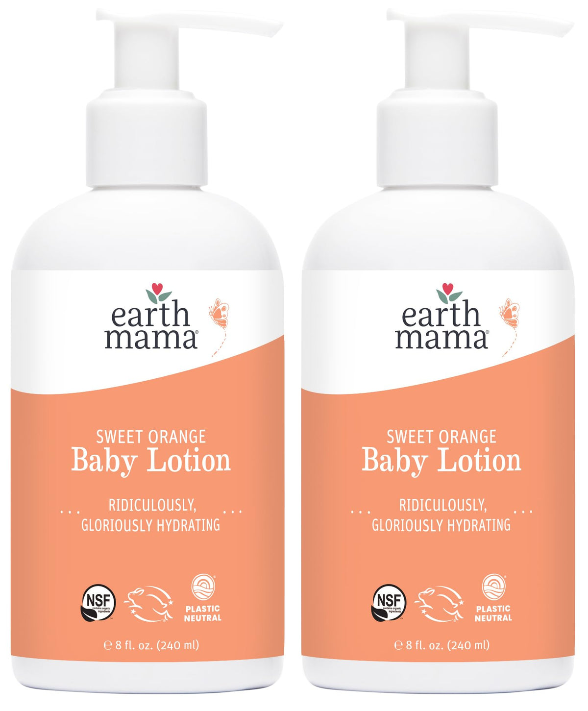 Earth Mama Sweet Orange Baby Lotion bottle on table, gentle daily moisture.