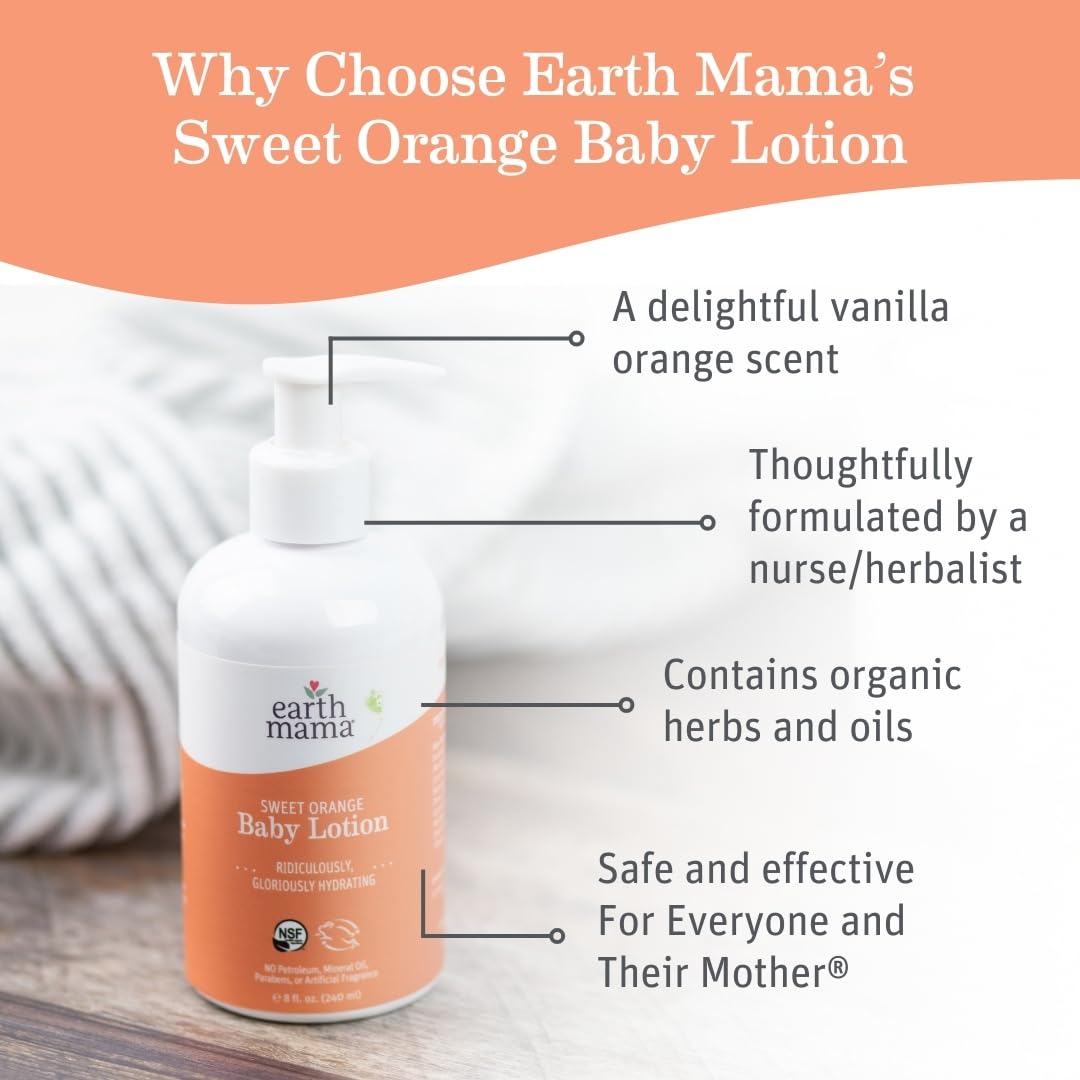 Earth Mama Sweet Orange Baby Lotion label closeup highlights calendula and rooibos.