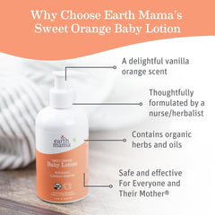 Earth Mama Sweet Orange Baby Lotion label closeup highlights calendula and rooibos.