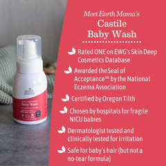 Earth Mama Sweet Orange Baby Wash bottle closeup highlights natural ingredients for sensitive skin