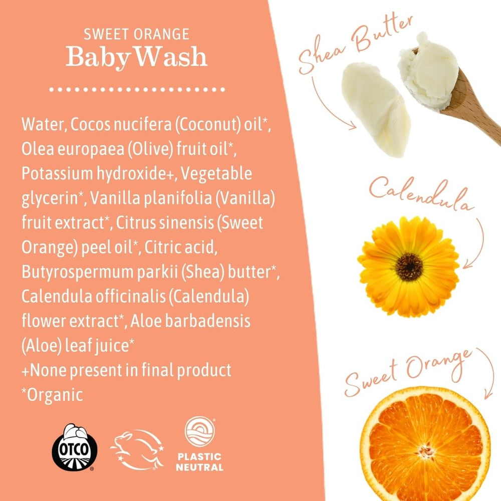 Earth Mama Sweet Orange Baby Wash calendula infusion for comforting bath time.