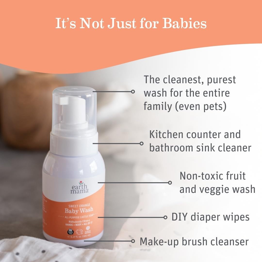 Earth Mama Sweet Orange Baby Wash liquid bottle with natural citrus scent for refreshing bath time.