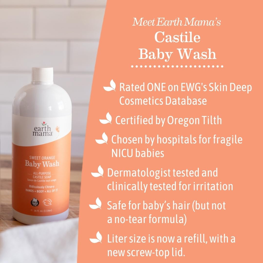 Earth Mama Sweet Orange Baby Wash organic rooibos imagery indicates soothing botanicals.