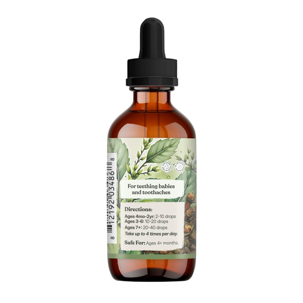 Earthley Wellness Teeth Tamer dropper dispensing gentle teething remedy.
