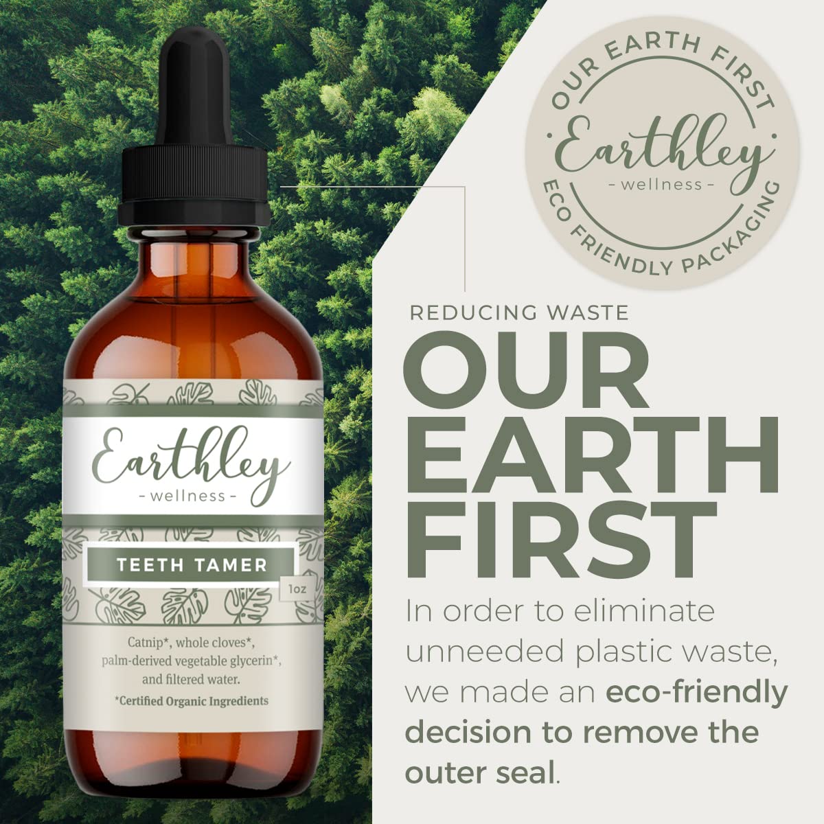 Earthley Wellness Teeth Tamer organic ingredients panel with cloves and catnip.