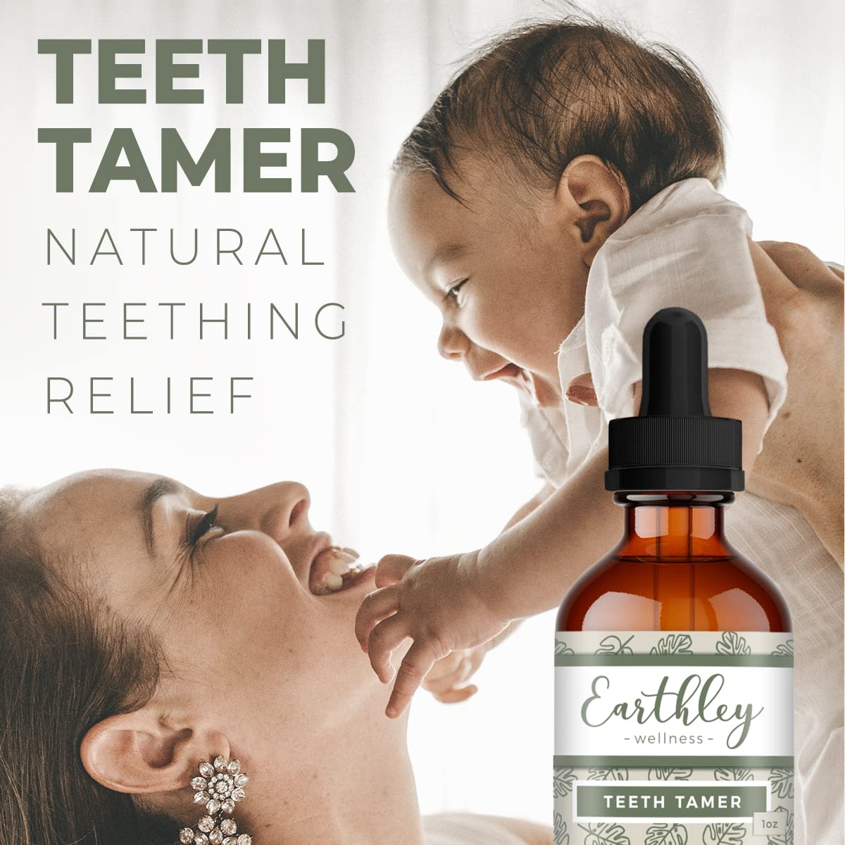 Earthley Wellness Teeth Tamer bottle labeled alcohol-free and sugar-free.
