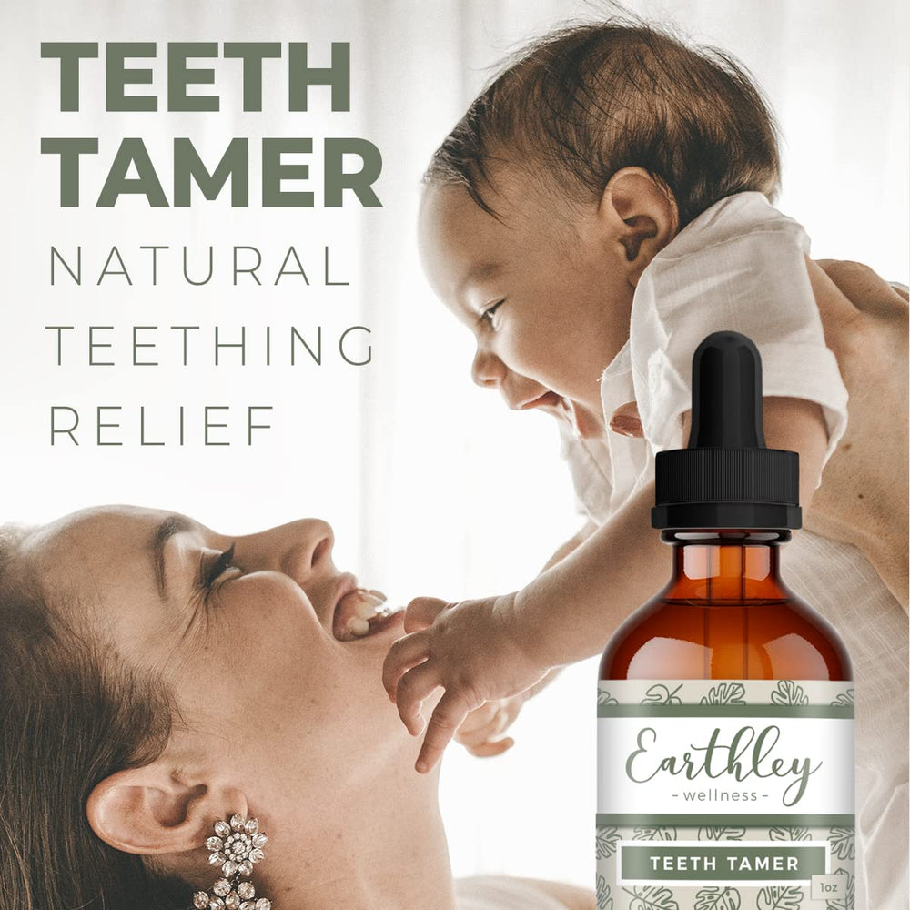 Earthley Wellness Teeth Tamer bottle labeled alcohol-free and sugar-free.