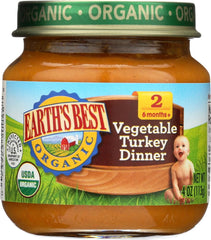 Earth's Best turkey-vegetable puree jar front shows organic nutrition for quick baby meals.