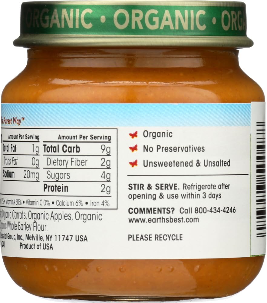 Earth's Best turkey-vegetable puree jar label highlights certified organic, no artificial colors or flavors.