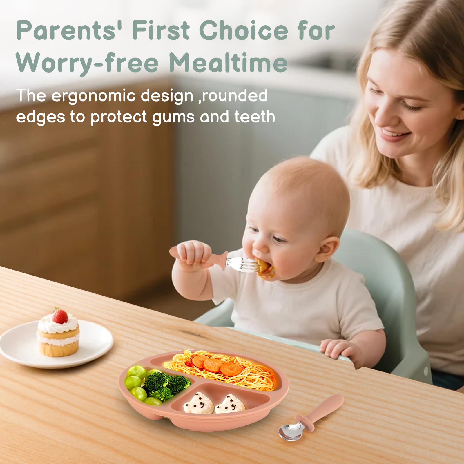Eascrozn 18/8 stainless steel BPA-free construction emphasizes durable, safe toddler utensils.