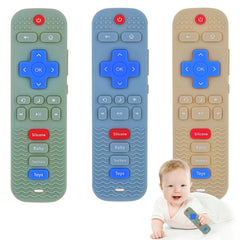 Eascrozn 3-pack baby teether remote design showing engaging textures for gums.